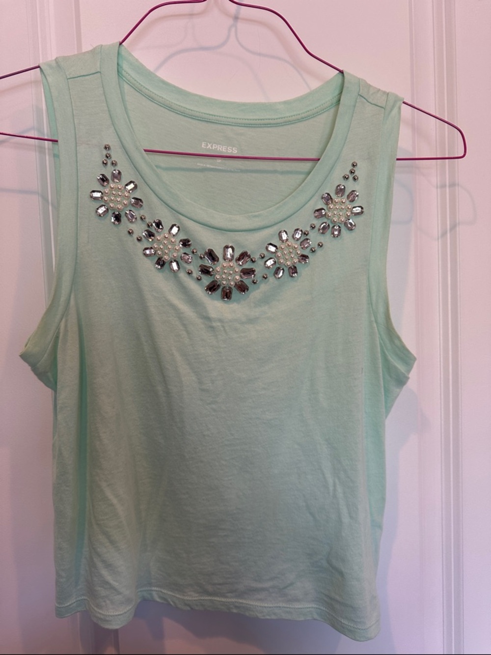 Y2K Express Mint Green Cropped Tank Top with Rhinestone Neckline